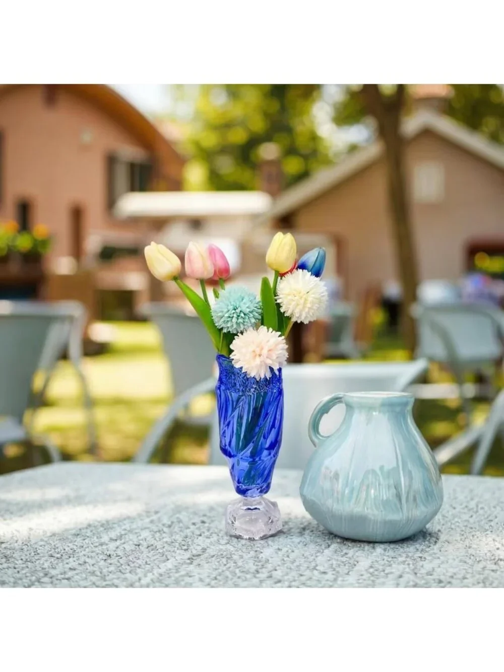 9.5 Inch Blue Glass Flower Vase Bohemian Style For Centerpieces Wedding Home Dec